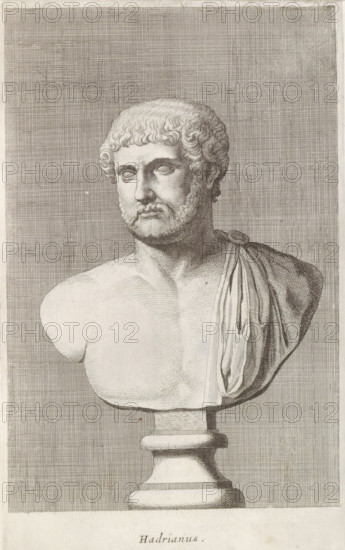 Bust of Emperor Hadrian, Hadrian, print, album page, Series number, 49, 98, Classical bust of a