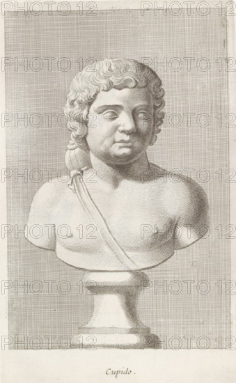 Bust of Amor, Cupid, print, album page, Series number, 50, 98, Classical bust of a boy with a tube