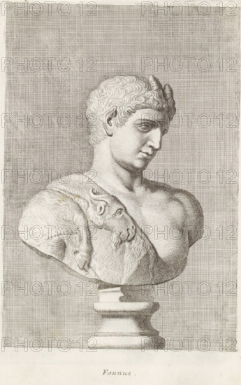 Faunus, Bust of Pan, print, album page, Series number, 51, 98, Classical bust of Pan with a goat