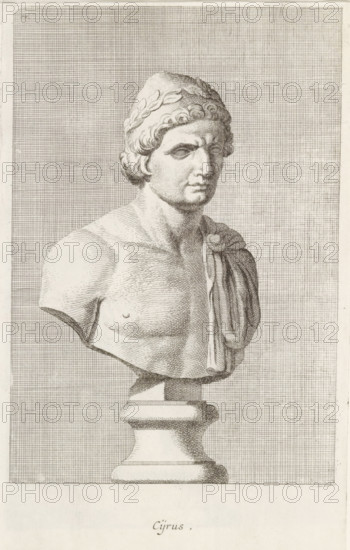 Bust of Cyrus, Cijrus, print, album page, Series number, 52, 98, Classical bust of a man with a
