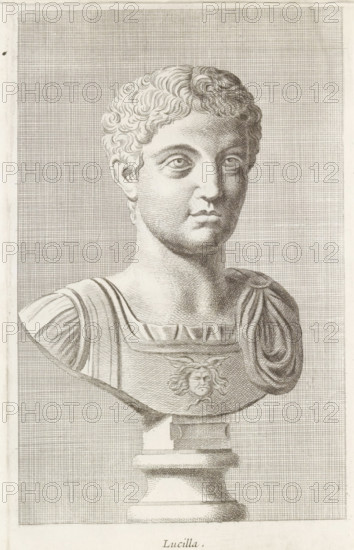 Lucilla, Bust of Lucilla, print, album page, Series number, 54, 98, Classical bust of a young man.,