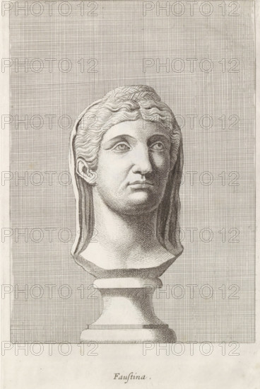 Faustina, Bust of Faustina, print, album page, Series number, 55, 98, Classical bust of a woman.