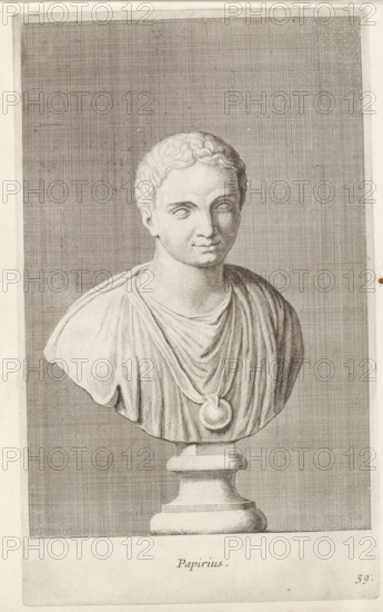 Bust of Papirius, Papirius, print, album page, Series number, 59, 98, Classical bust of a man with