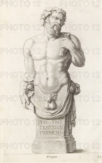 Herme of Priapus, seen from the front, Priapus, print, album page, Series number, 65, 98, with a