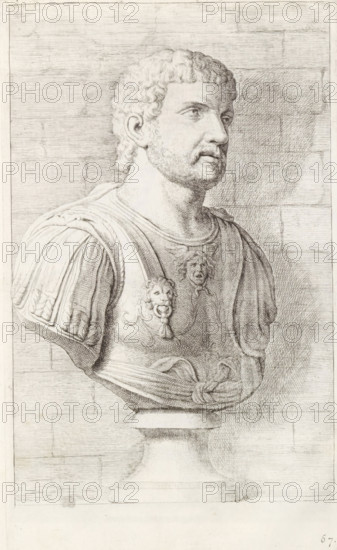 Bust of a man in armor, facing right, print, album page, Series number, 67, 98, with a series of