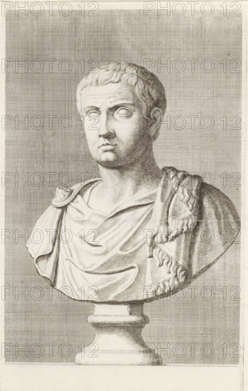 Bust of a young man in a toga, facing left, print, album page, Series number, 68, 98, with a series