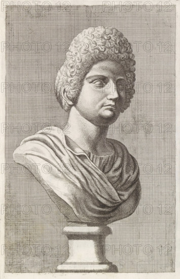 Bust of a woman with high hair, print, album page, Series number, 69, 98, with a series of prints