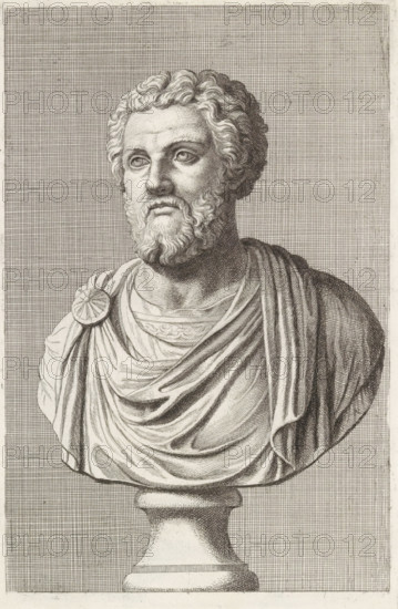 Bust of a bearded man in a toga, facing left, print, album page, Series number, 70, 98, with a