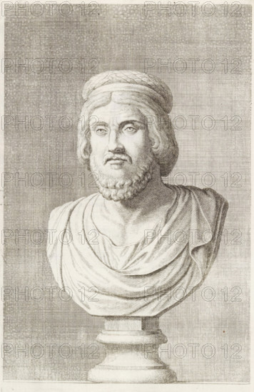 Bust of a man with a priestly crown, print, album page, Series number, 72, 98, with a series of