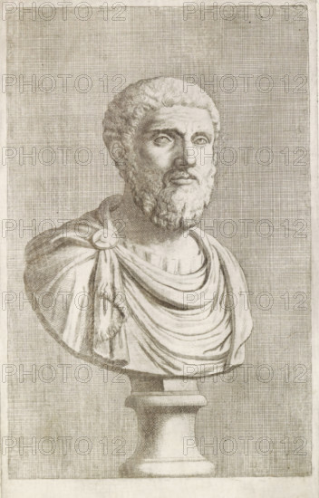 Bust of a bearded man in a toga, facing right, print, album page, Series number, 73, 98, with a
