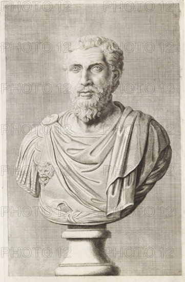 Bust of a bearded man in breastplate, from the front, print, album page, Series number, 74, 98,