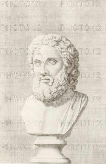 Bust of a bearded man, facing left, print, album page, Series number, 75, 98, with a series of