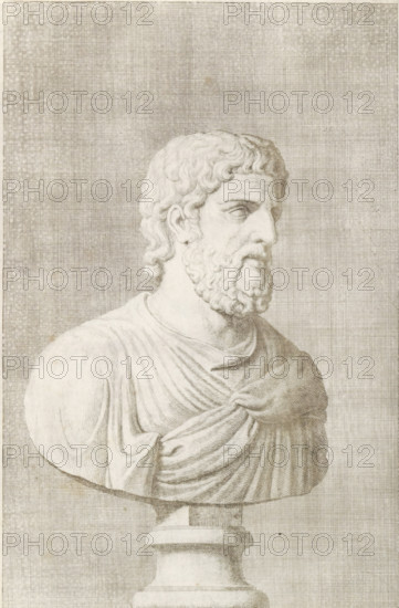 Bust of a bearded man, facing right, print, album page, Series number, 79, 98, with a series of