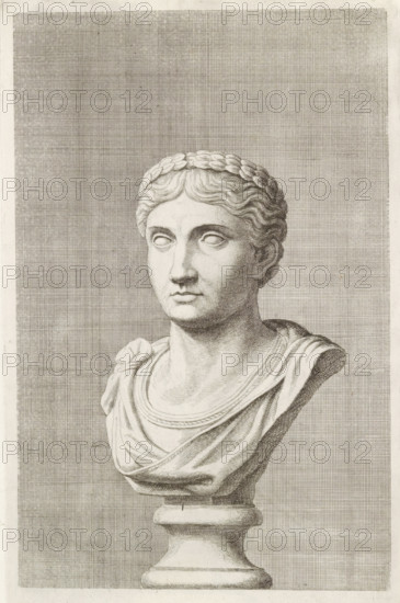 Bust of a young man with laurel wreath, facing left, print, album page, Series number, 82, 98, with