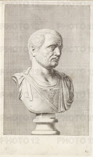 Bust of a man with breastplate, facing right, print, album page, Series number, 85, 98, with a