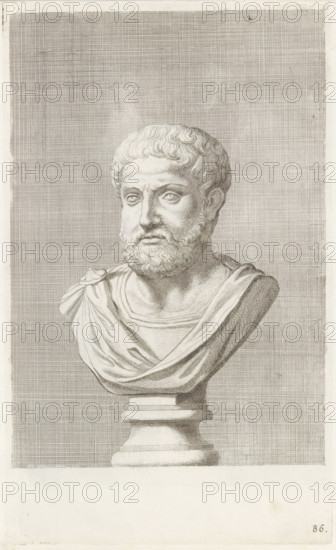 Bust of a bearded man, facing left, print, album page, Series number, 86, 98, with a series of