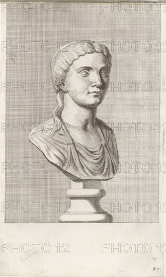 Bust of a woman with a ponytail, print, album page, Series number, 87, 98, with a series of prints