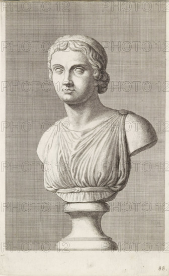 Bust of a woman in a toga, print, album page, Series number, 88, 98, with a series of prints after