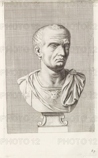 Bust of a man with breastplate, facing right, print, album page, Series number, 89, 98, with a