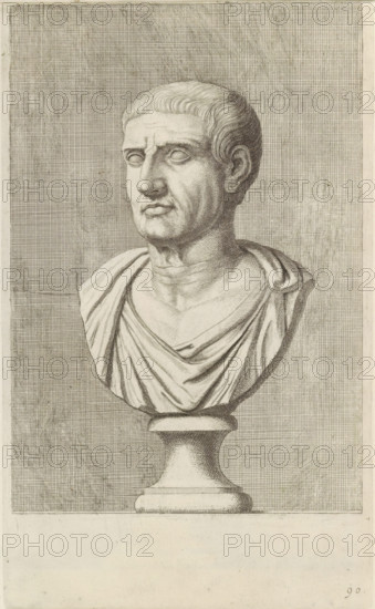 Bust of a man in a toga, facing left, print, album page, Series number, 90, 98, with a series of