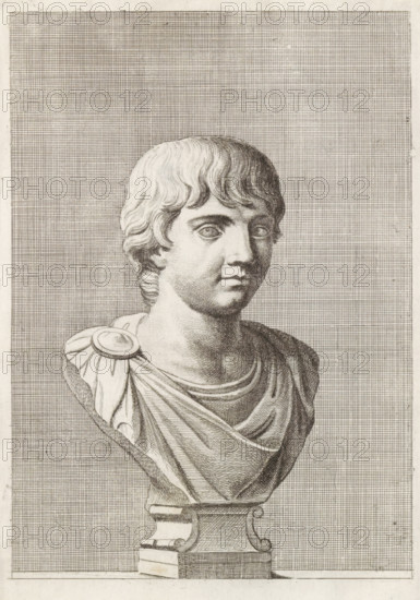 Bust of a boy, facing right, print, album page, Series number, 91, 98, with a series of prints