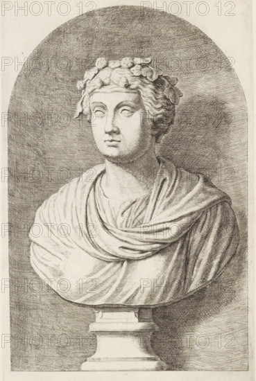 Bust of a woman with a wreath in her hair, print, album page, Series number, 92, 98, with a series