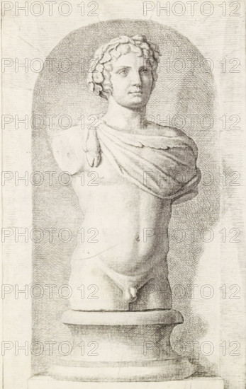 Sculpture of a faun, print, album page, Series number, 93, 98, with a series of prints after the