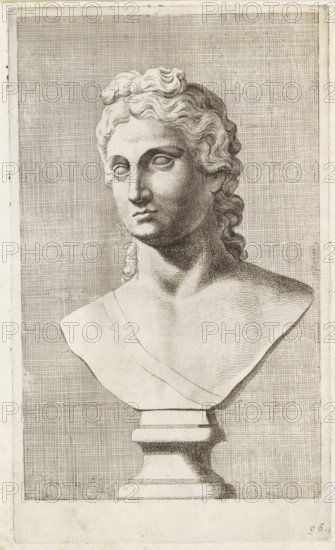 Bust of Apollo or Diana, print, album page, Series number, 96, 98, with a series of prints after