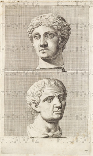 Bust of a woman and a man, print, album page, Series number, 97, 98, with a series of prints after