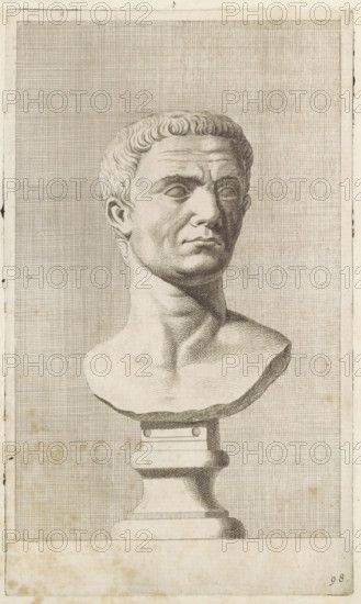 Bust of a young man, facing right, print, album page, Series number, 98, with a series of prints