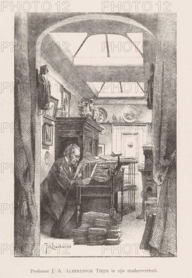 Professor JA Alberdingk Thijm in his study, Josephus Albertus Alberdingk Thijm in his study, print,