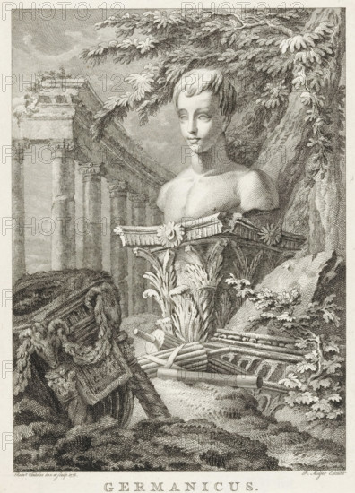 Germanicus, Bust of Germanicus in a landscape, Title page for: Lucretia Wilhelmina van Merken,