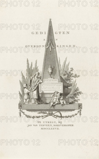 Obelisk with grieving putti, Title page for: Hieronymus van Alphen, Poems and Meditations, 1777,