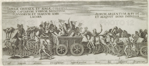 Triumphal procession with chariots carrying the spoils of war, Vel ingenio alicuius excogitatam