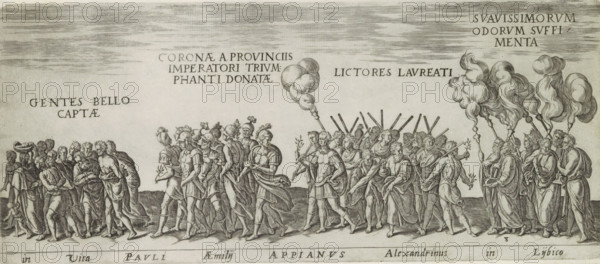 Triumph procession with prisoners, soldiers, lictors and priests, In vita Pauli aemilij Appianus