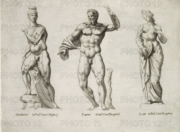 Sculptures of a gladiator, a faun and Leda with the swan, Sculptures from antiquity, print, album