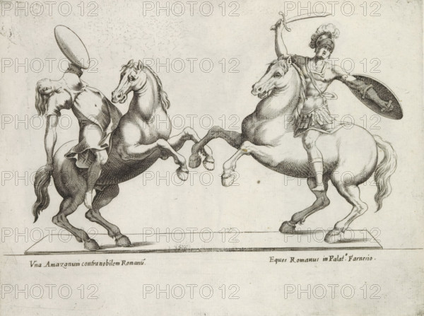 Sculptures of an Amazon on horseback and a Roman soldier on horseback, Sculptures from antiquity,