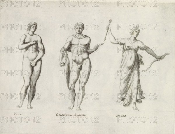 Sculptures of Venus, Emperor Augustus and Diana, Sculptures from antiquity, print, album page,
