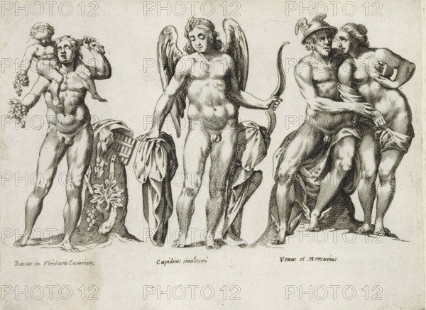 Sculptures of Bacchus, Cupid and Mercury and Venus as lovers, Sculptures from antiquity, print,