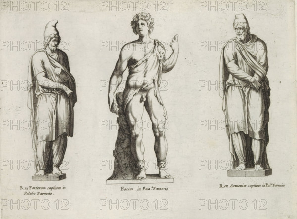Sculptures of Dacian prisoners and the god Bacchus, Sculptures from antiquity, print, album page,