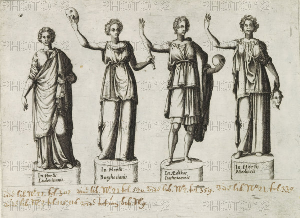 Sculptures of nymphs or muses, Sculptures from antiquity, print, album page, Four sculptures of