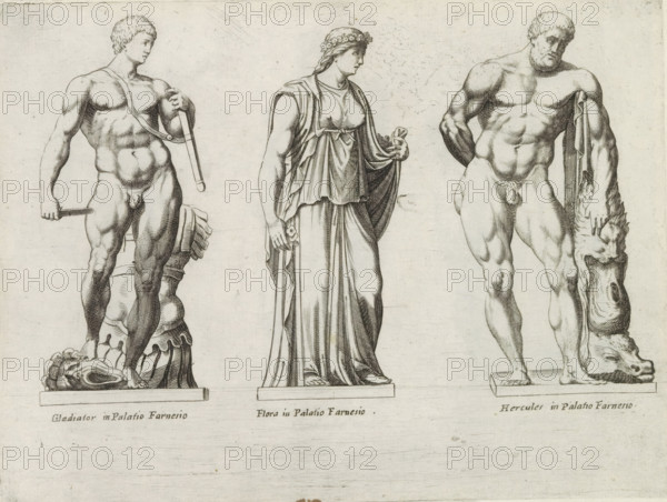 Sculptures of a gladiator, Flora and Hercules, Sculptures from antiquity, print, album page,