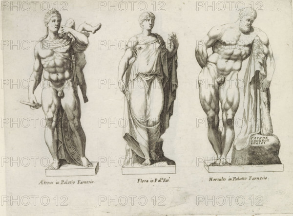 Sculptures of Atreus, Flora and the Farnese Hercules, Sculptures from antiquity, print, album page,