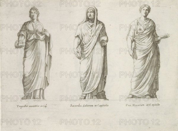 Sculptures of Tragedy, a Roman priest and a muse, Sculptures from antiquity, print, album page,