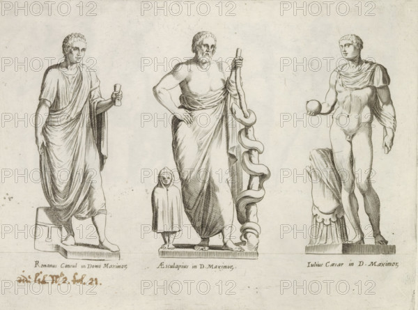 Sculptures of a Roman consul, Asclepius and Julius Caesar, Sculptures from antiquity, print, album