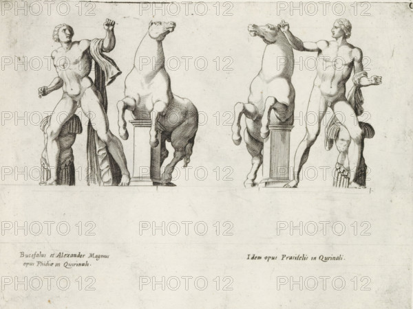 Sculptures of the Dioscuri with horses, Sculptures from antiquity, print, album page, Two statues