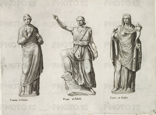 Sculptures of Pomona, Roma, and Ceres, Sculptures from Antiquity, print, album page, Captions in
