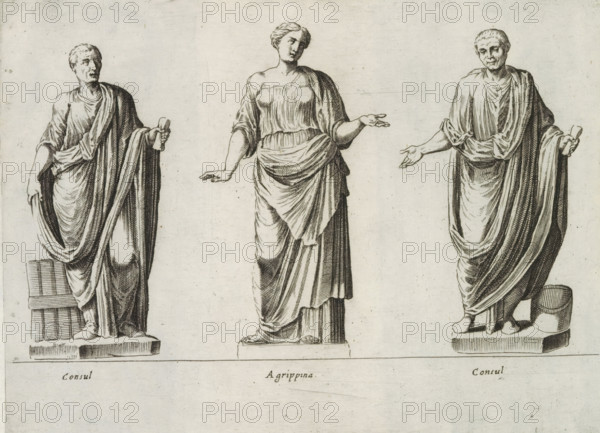 Sculptures of Roman consuls and Agrippina, Sculptures from antiquity, print, album page, Captions