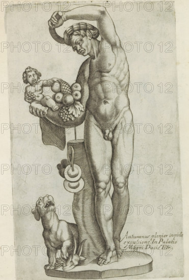Sculpture of Autumnus, Sculptures from antiquity, print, album page, Caption in Latin. Print is