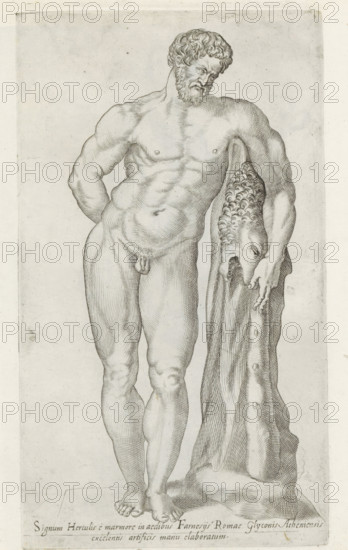Hercules Farnese, Sculptures from Antiquity, print, album page, Caption in Latin. Print is part of